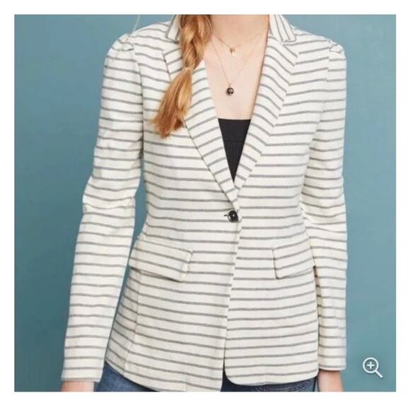 Anthropologie Francoise Cream and Gray Striped Blazer Longline Single Button S - Picture 1 of 7